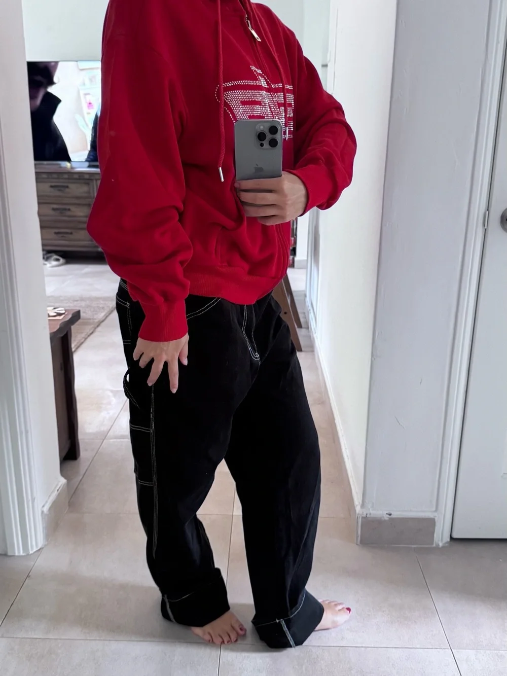 I.AM.GIA Red Rhinestone Logo Hoodie Sweater